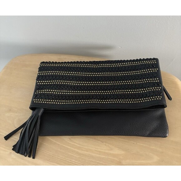 Shiraleah Dark Blue Fold Over Clutch Purse Beaded Braided Tassel Anthropologie - Picture 1 of 15